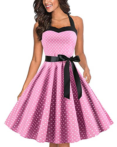 Tomwell Sommerkleid Damen V-Ausschnitt Ärmellos Faltenrock Retro Kleider Rockabilly Kleid Knielang Elegant Vintage Kleid Cocktailkleid A Rosa XL von Tomwell