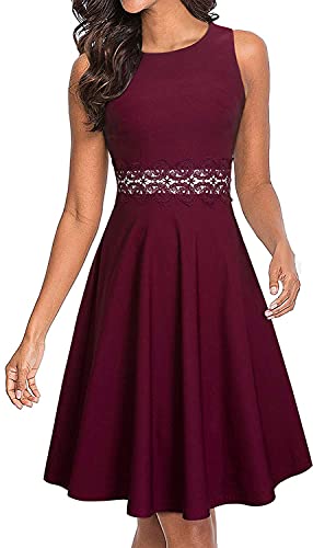 Tomwell Sommerkleid Damen V-Ausschnitt Ärmellos Faltenrock Retro Kleider Rockabilly Kleid Knielang Elegant Vintage Kleid Cocktailkleid C Weinrot XL von Tomwell