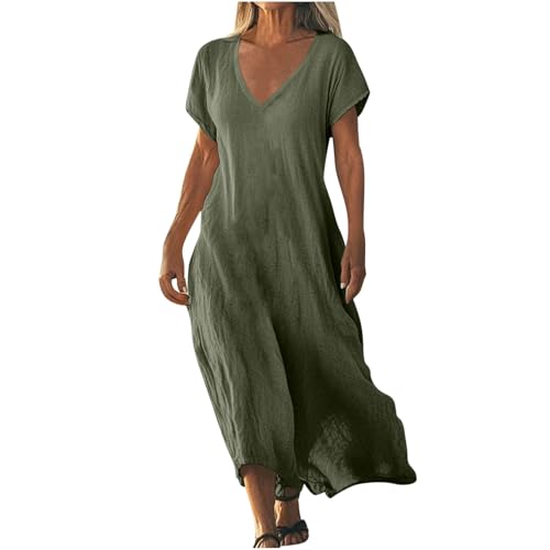 Tomwell Sommerkleid Damen V-Ausschnitt Musselin Kleid Kurzarm Hemdblusenkleid Sommer Leinenkleid mit Schlitz A Grün L von Tomwell