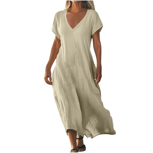 Tomwell Sommerkleid Damen V-Ausschnitt Musselin Kleid Kurzarm Hemdblusenkleid Sommer Leinenkleid mit Schlitz A Khaki XL von Tomwell