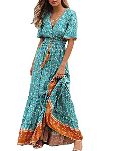 Tomwell Sommerkleider Damen Boho Lange Kleider V-Ausschnitt Kurzarm Blumen Wickelkleid Maxikleid Bohemian Strandkleid mit Schlitz Z1 Grün XL von Tomwell