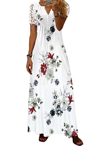 Tomwell Sommerkleider Damen V-Ausschnitt Kurzarm Maxikleider Casual Elegant Abendkleid Vintage Boho Lange Kleider Partykleid Strandkleid A Linie Freizeitkleider D Weiß7 M von Tomwell