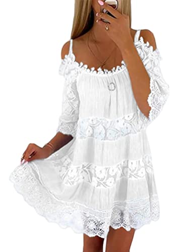 Tomwell Spitzenkleid Damen V-Ausschnitt Sommer Spitzen Strandkleid Mini Kleider Boho Sommerkleid A-Linie Kleid A Weiß L von Tomwell