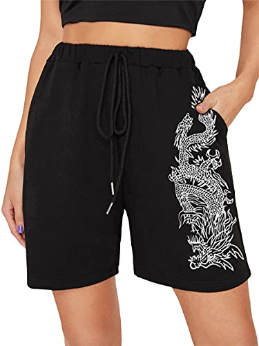 Tomwell Sport Shorts Damen Beliebt Drucken Shorts Frühling und Sommer Laufshorts Kordelzug Kurz Jogginghose mit Taschen Teenager Mädchen Sport Y Schwarz S von Tomwell