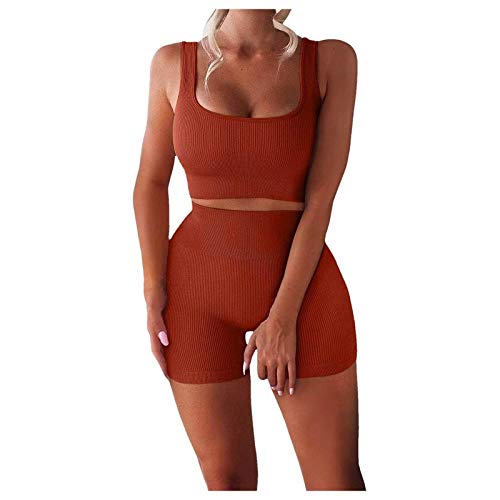 Tomwell Sportanzug Damen Traingsanzug Sommer 2 Stücke Set Outfit Sport Sportanzug Bauchfrei Crop Top+ Sport Shorts Set Yoga Outfit Sportswear Karamell S von Tomwell