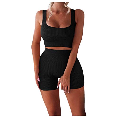 Tomwell Sportanzug Damen Traingsanzug Sommer 2 Stücke Set Outfit Sport Sportanzug Bauchfrei Crop Top+ Sport Shorts Set Yoga Outfit Sportswear Schwarz M von Tomwell