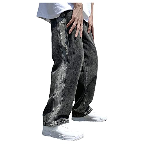 Tomwell Straight Jeans Herren High Waist Hose Patchwork Jogginghose Farbblock Denim Hose Streetwear F Schwarz 3XL von Tomwell
