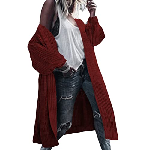 Tomwell Strickjacke Damen Gestrickt Strickmantel Grobstrick Pullover Open Front Strickcardigan Lang Mantel Verdicken Wollmantel Winterjacke Langstrickjacke Übergroß Lose Outwear Z Rot 3XL von Tomwell