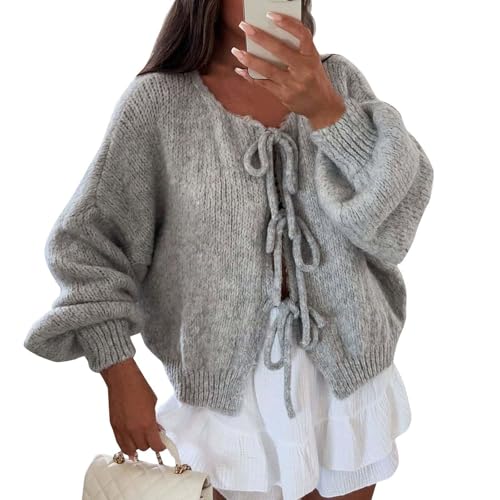 Tomwell Strickjacke Damen Langarm Grobstrick Cardigan Y2k Offene Front Strickpullover mit Schnürung A Grau S von Tomwell