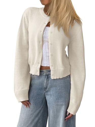 Tomwell Strickjacke Damen Sommer V Ausschnitt Kurz Cardigan Langarm Übergangsjacke Mit Knöpfen A Beige M von Tomwell