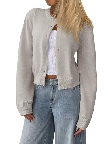 Tomwell Strickjacke Damen Sommer V Ausschnitt Kurz Cardigan Langarm Übergangsjacke Mit Knöpfen A Grau M von Tomwell