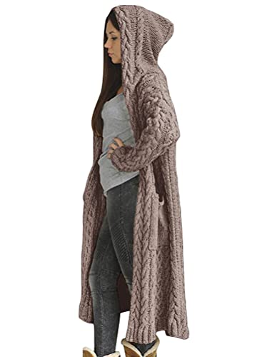 Tomwell Strickjacke Damen Winter Elegante Gestrickte Strickmantel mit Kapuzen Outwear Lange Verdicken Cardigan Winterjacke Pullover Pulli Offener Ausschnitt Lose Outwear Z Kaffee 3XL von Tomwell