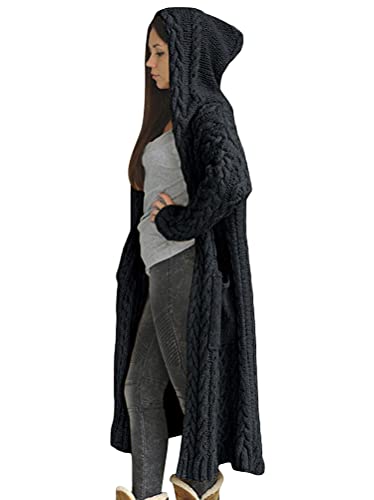 Tomwell Strickjacke Damen Winter Elegante Gestrickte Strickmantel mit Kapuzen Outwear Lange Verdicken Cardigan Winterjacke Pullover Pulli Offener Ausschnitt Lose Outwear Z Schwarz L von Tomwell