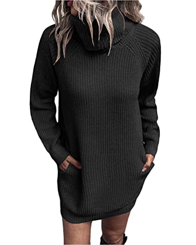 Tomwell Strickkleid Damen Rollkragen Elegant Langarm Tunika Pullikleid Lang Strickpullover Minikleid Pullover für Herbst Winter B Schwarz S von Tomwell