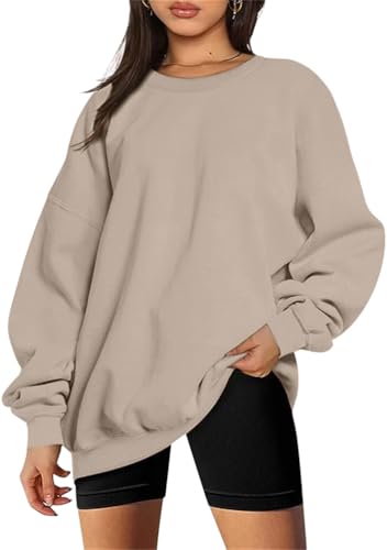 Tomwell Sweatshirt Damen Oversized Pullover Teenager Mädchen Herbst Winter Fleecepullover Rundhals Pulli Langarmshirt A Khaki M von Tomwell