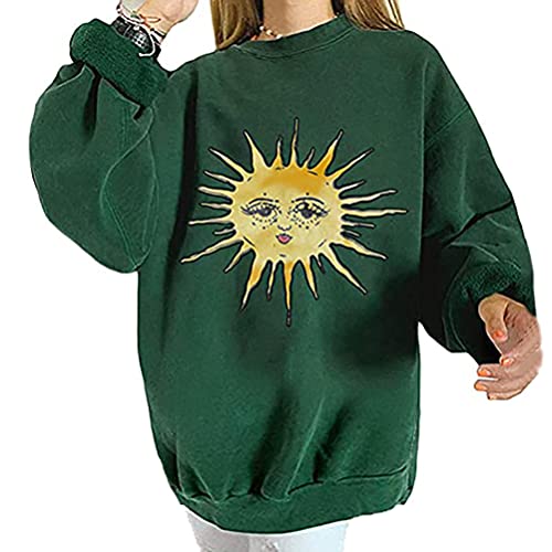 Tomwell Sweatshirt Damen Sonne Mond Tiere und Briefe Drucken Pullover Langarm Shirt Rundhals Vintage Sportbekleidung Tops Hoodie Lose Oversize Herbst Winter Pulli A Grün XL von Tomwell