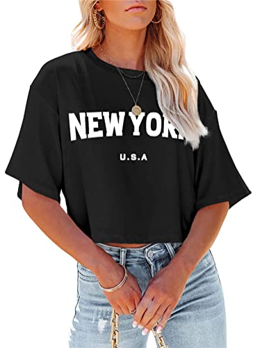 Tomwell T-Shirt Damen Crop Top Kurzarm Sportshirt Sexy Oberteil Bauchfrei Sommer Vintage Crop Tshirt mit Buchstaben Druck Lose Sweatshirt Rundhals Teenager Mädchen Bluse Z Schwarz S von Tomwell