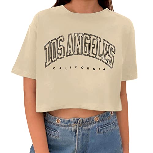 Tomwell T-Shirt Damen Crop Top Kurzarm Sportshirt Sexy Oberteil Bauchfrei Sommer Vintage Crop Tshirt mit Schmetterling Muster Lose Sweatshirt Rundhals Teenager Mädchen Bluse A Aprikose L von Tomwell