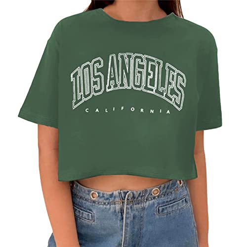 Tomwell T-Shirt Damen Crop Top Kurzarm Sportshirt Sexy Oberteil Bauchfrei Sommer Vintage Crop Tshirt mit Schmetterling Muster Lose Sweatshirt Rundhals Teenager Mädchen Bluse A Dunkelgrün L von Tomwell