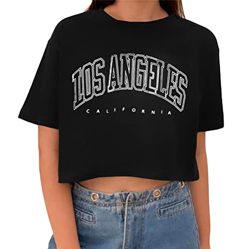 Tomwell T-Shirt Damen Crop Top Kurzarm Sportshirt Sexy Oberteil Bauchfrei Sommer Vintage Crop Tshirt mit Schmetterling Muster Lose Sweatshirt Rundhals Teenager Mädchen Bluse A Schwarz L von Tomwell