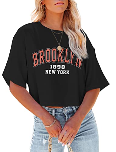 Tomwell T-Shirt Damen Crop Top Kurzarm Sportshirt Sexy Oberteil Bauchfrei Sommer Vintage Crop Tshirt mit Schmetterling Muster Lose Sweatshirt Rundhals Teenager Mädchen Bluse B Schwarz XS von Tomwell