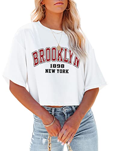 Tomwell T-Shirt Damen Crop Top Kurzarm Sportshirt Sexy Oberteil Bauchfrei Sommer Vintage Crop Tshirt mit Schmetterling Muster Lose Sweatshirt Rundhals Teenager Mädchen Bluse B Weiß XS von Tomwell