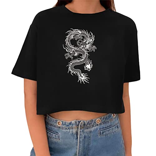 Tomwell T-Shirt Damen Crop Top Kurzarm Sportshirt Sexy Oberteil Bauchfrei Sommer Vintage Crop Tshirt mit Schmetterling Muster Lose Sweatshirt Rundhals Teenager Mädchen Bluse D Schwarz L von Tomwell