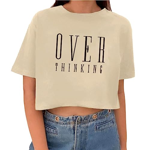 Tomwell T-Shirt Damen Crop Top Kurzarm Sportshirt Sexy Oberteil Bauchfrei Sommer Vintage Crop Tshirt mit Schmetterling Muster Lose Sweatshirt Rundhals Teenager Mädchen Bluse T Aprikose XS von Tomwell