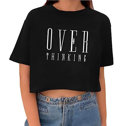 Tomwell T-Shirt Damen Crop Top Kurzarm Sportshirt Sexy Oberteil Bauchfrei Sommer Vintage Crop Tshirt mit Schmetterling Muster Lose Sweatshirt Rundhals Teenager Mädchen Bluse T Schwarz L von Tomwell