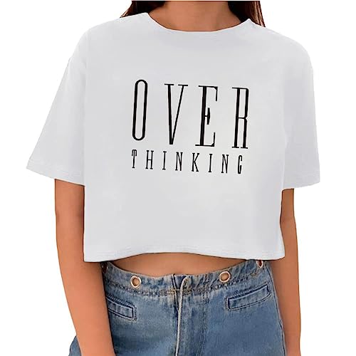 Tomwell T-Shirt Damen Crop Top Kurzarm Sportshirt Sexy Oberteil Bauchfrei Sommer Vintage Crop Tshirt mit Schmetterling Muster Lose Sweatshirt Rundhals Teenager Mädchen Bluse T Weiß XS von Tomwell