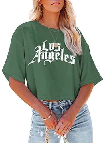 Tomwell T-Shirt Damen Crop Top Kurzarm Sportshirt Sexy Oberteil Bauchfrei Sommer Vintage Crop Tshirt mit Schmetterling Muster Lose Sweatshirt Rundhals Teenager Mädchen Bluse Y02 Dunkelgrün L von Tomwell