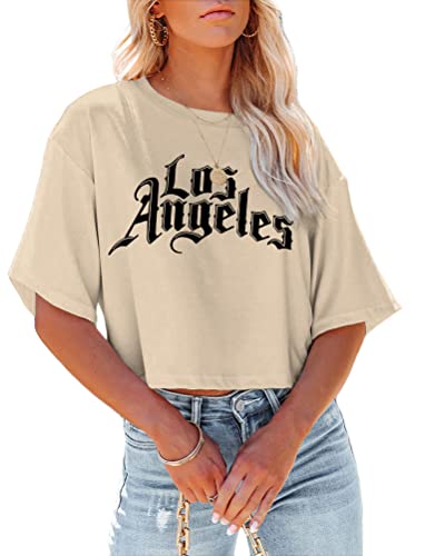 Tomwell T-Shirt Damen Crop Top Kurzarm Sportshirt Sexy Oberteil Bauchfrei Sommer Vintage Crop Tshirt mit Schmetterling Muster Lose Sweatshirt Rundhals Teenager Mädchen Bluse Y02 Khaki M von Tomwell