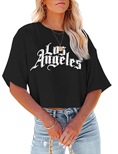 Tomwell T-Shirt Damen Crop Top Kurzarm Sportshirt Sexy Oberteil Bauchfrei Sommer Vintage Crop Tshirt mit Schmetterling Muster Lose Sweatshirt Rundhals Teenager Mädchen Bluse Y02 Schwarz L von Tomwell