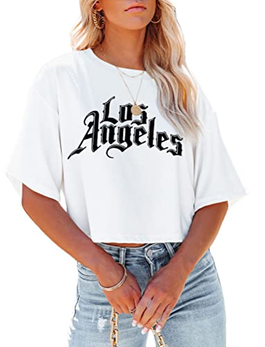 Tomwell T-Shirt Damen Crop Top Kurzarm Sportshirt Sexy Oberteil Bauchfrei Sommer Vintage Crop Tshirt mit Schmetterling Muster Lose Sweatshirt Rundhals Teenager Mädchen Bluse Y02 Weiß M von Tomwell