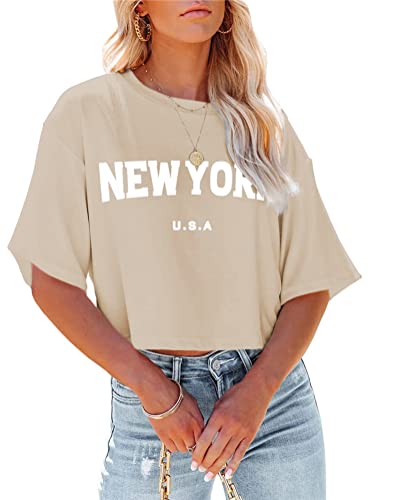 Tomwell T-Shirt Damen Crop Top Kurzarm Sportshirt Sexy Oberteil Bauchfrei Sommer Vintage Crop Tshirt mit Schmetterling Muster Lose Sweatshirt Rundhals Teenager Mädchen Bluse Z Khaki L von Tomwell