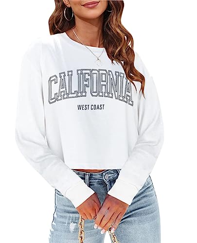 Tomwell T-Shirt Damen Crop Top Langarm Sportshirt Bauchfrei Sommer Oversize Oberteile Vintage Crop Tshirt mit Buchstaben Druck Sweatshirt Rundhals Teenager Mädchen Bluse B Weiß S von Tomwell