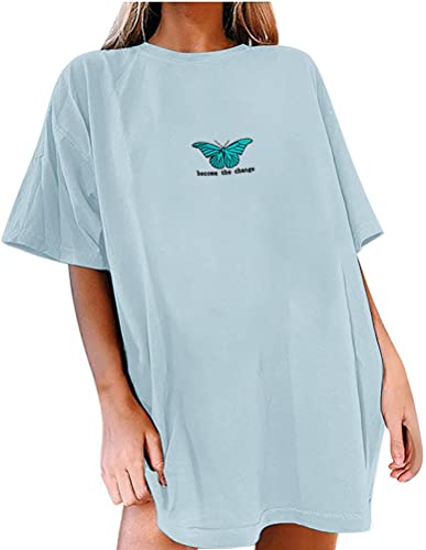 Tomwell T Shirt Damen Kurzarm Sport Sommer Oberteile Oversize T-Shirt mit Schmetterling Muster Sweatshirt Lose Rundhals Drucken Bluse Teenager Mädchen Tunika Top Lang A Baby Blau XXL von Tomwell