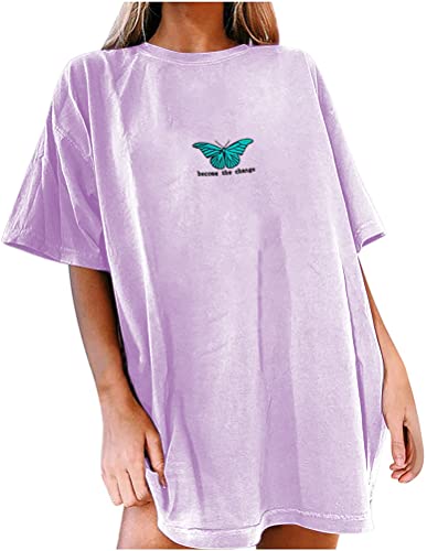 Tomwell T Shirt Damen Kurzarm Sport Sommer Oberteile Oversize T-Shirt mit Schmetterling Muster Sweatshirt Lose Rundhals Drucken Bluse Teenager Mädchen Tunika Top Lang A Lila L von Tomwell