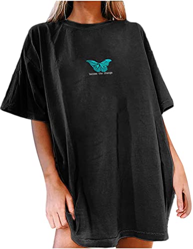 Tomwell T Shirt Damen Kurzarm Sport Sommer Oberteile Oversize T-Shirt mit Schmetterling Muster Sweatshirt Lose Rundhals Drucken Bluse Teenager Mädchen Tunika Top Lang A Schwarz L von Tomwell