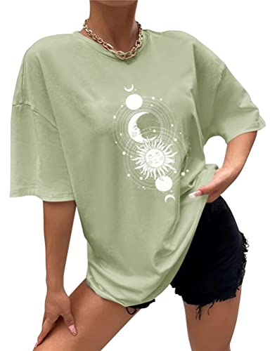 Tomwell T Shirt Damen Kurzarm Sport Sommer Oberteile Oversize T-Shirt mit Schmetterling Muster Sweatshirt Lose Rundhals Drucken Bluse Teenager Mädchen Tunika Top Lang F1 Grün XXL von Tomwell