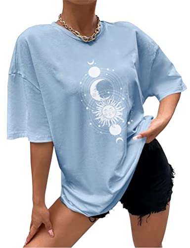 Tomwell T Shirt Damen Kurzarm Sport Sommer Oberteile Oversize T-Shirt mit Sonne und Mond Muster Sweatshirt Lose Rundhals Drucken Bluse Teenager Mädchen Tunika Top Lang F1 Blau S von Tomwell