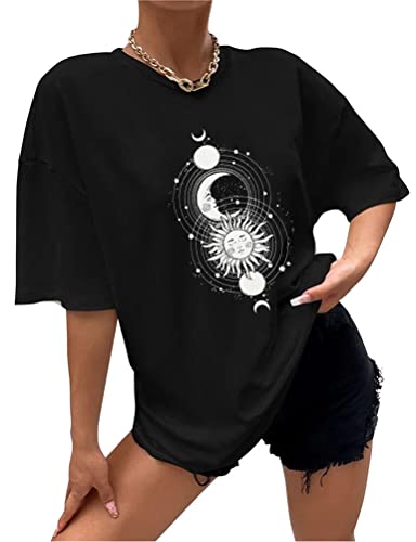 Tomwell T Shirt Damen Kurzarm Sport Sommer Oberteile Oversize T-Shirt mit Sonne und Mond Muster Sweatshirt Lose Rundhals Drucken Bluse Teenager Mädchen Tunika Top Lang F1 Schwarz XXL von Tomwell