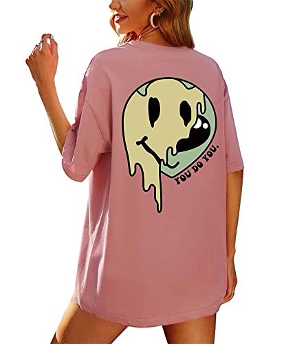 Tomwell T-Shirt Damen Kurzarm Sport Sommer Oberteile Oversize Tshirt mit Buchstaben Muster Sweatshirt Lose Rundhals Rückendruck Bluse Teenager Mädchen Tunika Lang Top A Rosa L von Tomwell