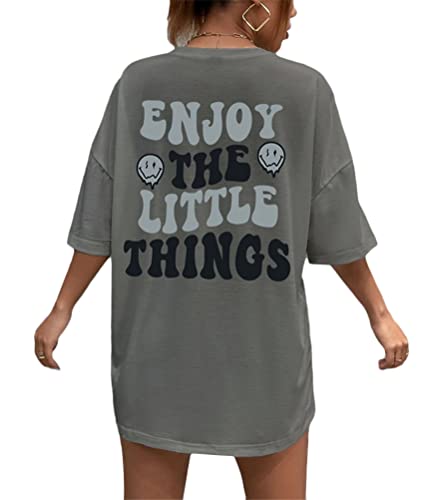 Tomwell T-Shirt Damen Kurzarm Sport Sommer Oberteile Oversize Tshirt mit Buchstaben Muster Sweatshirt Lose Rundhals Rückendruck Bluse Teenager Mädchen Tunika Lang Top C Dunkelgrau XL von Tomwell