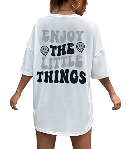 Tomwell T-Shirt Damen Kurzarm Sport Sommer Oberteile Oversize Tshirt mit Buchstaben Muster Sweatshirt Lose Rundhals Rückendruck Bluse Teenager Mädchen Tunika Lang Top C Weiß L von Tomwell