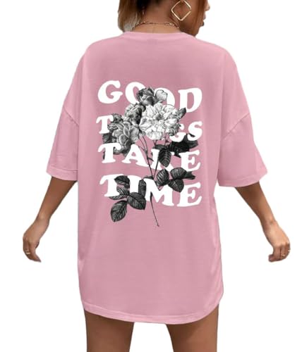 Tomwell T-Shirt Damen Kurzarm Sport Sommer Oberteile Oversize Tshirt mit Buchstaben Muster Sweatshirt Lose Rundhals Rückendruck Bluse Teenager Mädchen Tunika Lang Top C1 Rosa L von Tomwell