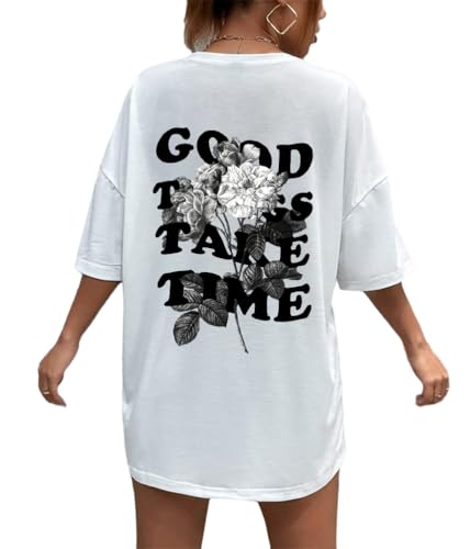 Tomwell T-Shirt Damen Kurzarm Sport Sommer Oberteile Oversize Tshirt mit Buchstaben Muster Sweatshirt Lose Rundhals Rückendruck Bluse Teenager Mädchen Tunika Lang Top C1 Weiß L von Tomwell