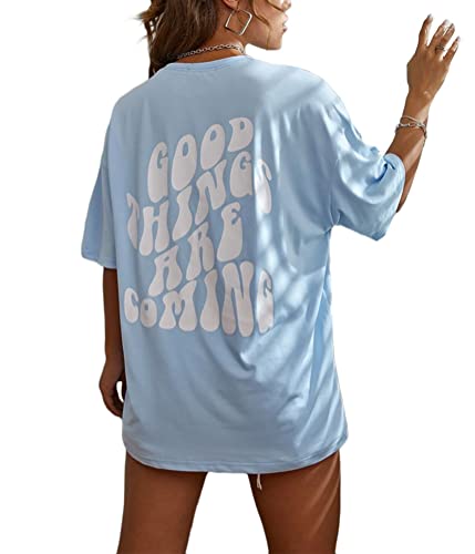 Tomwell T-Shirt Damen Kurzarm Sport Sommer Oberteile Oversize Tshirt mit Buchstaben Muster Lose Rundhals Rückendruck Bluse Teenager Mädchen Tunika Lang Top D Blau XS Tomwell T-Shirt Damen Kurzarm Sport Sommer Oberteile Oversize Tshirt mit Buchstaben Muster Lose Rundhals Rückendruck Bluse Teenager Mädchen Tunika Lang Top D Blau XS von Tomwell