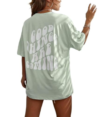 Tomwell T-Shirt Damen Kurzarm Sport Sommer Oberteile Oversize Tshirt mit Buchstaben Muster Lose Rundhals Rückendruck Bluse Teenager Mädchen Tunika Lang Top D Grün XS von Tomwell