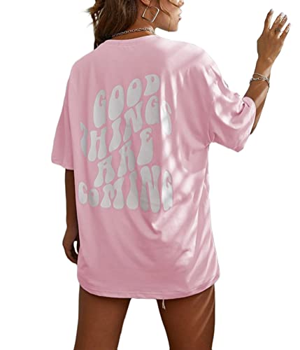 Tomwell T-Shirt Damen Kurzarm Sport Sommer Oberteile Oversize Tshirt mit Buchstaben Muster Sweatshirt Lose Rundhals Rückendruck Bluse Teenager Mädchen Tunika Lang Top D Rosa L von Tomwell